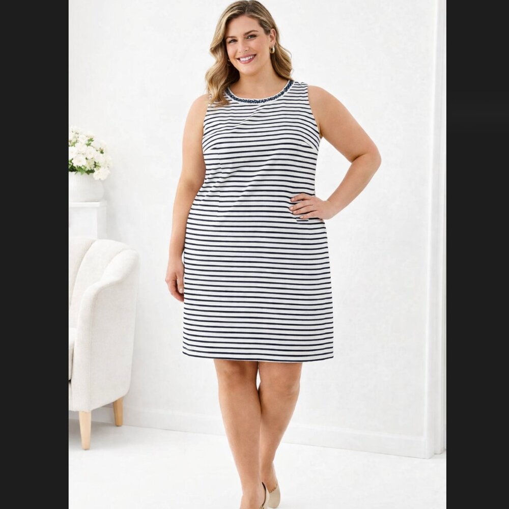 Talbots Stripe Ottoman Shift Dress Plus 16W Navy White Sleeveless Braided Neck